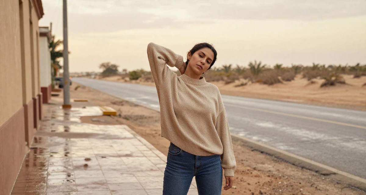 A disinterested Female From Cuba, majored in agricultural economics in their 38, handling long working hours with discipline, wearing a oversized beige sweater and jeans, stretching the neck in a rainy street corner.