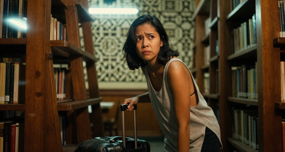A confused Female From Indonesia, based in Bali, graduated from an arts institute majoring in expressive digital portraits in their 40, redefining style for the modern professional, wearing a loose tank top with deep side cuts, pulling a suitcase in a old library with wooden ladders.