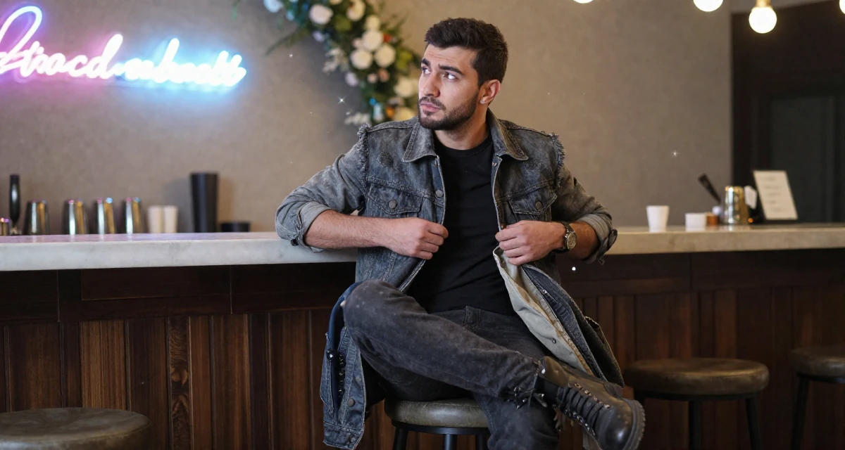 A focused male From Tajikistan, studied civil engineering in their 25, questioning long-term direction, wearing a edgy street style with boots, putting on a jacket in a wedding venue.