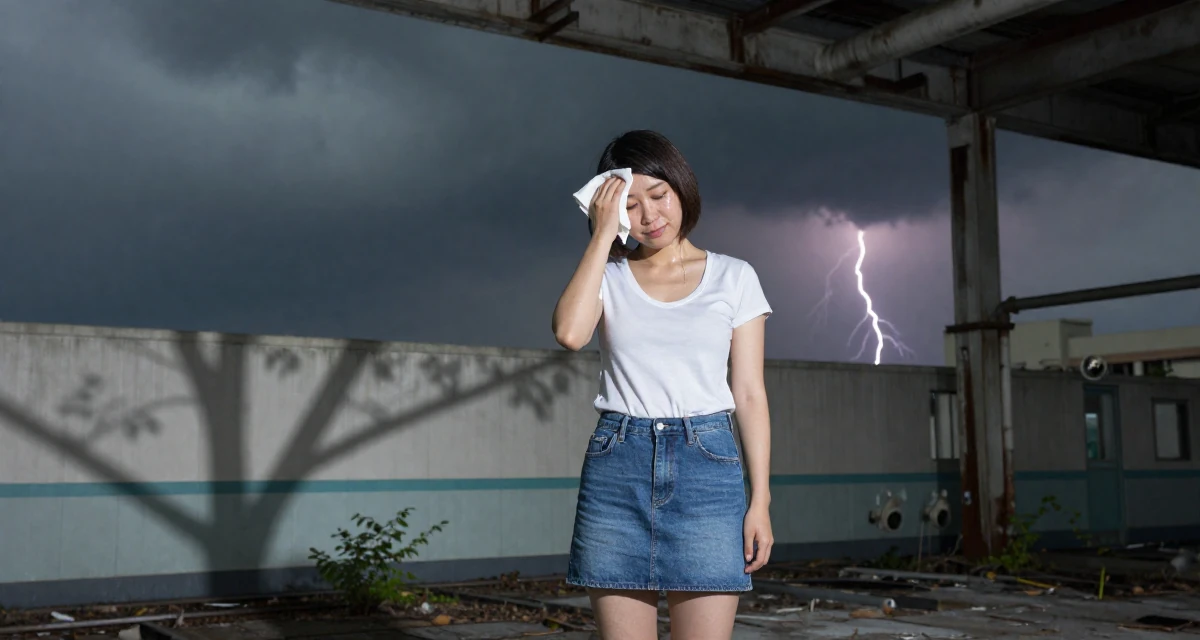 A peaceful male From Tokyo Japan, majored in literature in their 31, navigating the balance between career and new motherhood, wearing a fitted scoop neck tee and a denim mini skirt, wiping sweat from the brow in a abandoned hospital.
