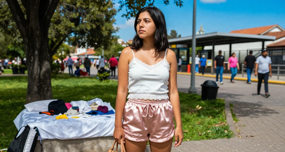 A deeply thinking Female From Peru, studied hospitality and tourism management in their 21, planning a gap year to escape reality, wearing a lace-trimmed camisole and silk lounge shorts, holding a purse tightly in a quiet park.