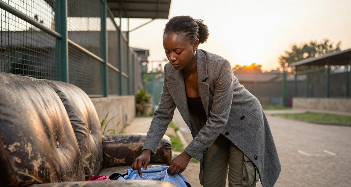 A deeply absorbed Female From Abuja Nigeria, studied public administration in their 25, wearing a tailored coat and looking sharp, wearing a strapless tube top and cargo pants, smoothing down a dress in a zoo enclosure path.