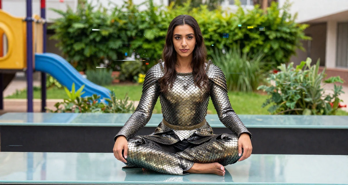 A aloof but intriguing Female From Algeria, studied visual communication in their 25, learning to flirt through camera presence alone, wearing a dragon scale armor texture with metallic sheen, resting hands on a table in a school playground.