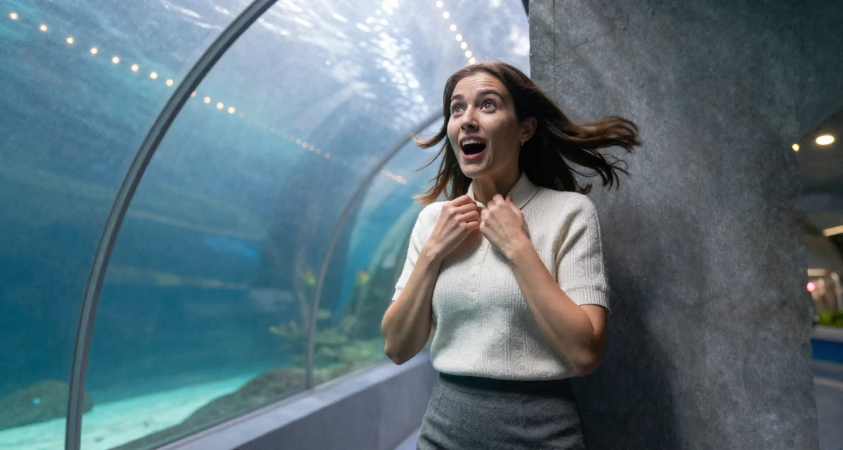 A joyful Female Once a biology teacher, now exploring artistic movement expression in their 22, shocked by the cost of rent and groceries, wearing a short sleeve cashmere sweater and a skirt, adjusting a collar in a aquarium tunnel.