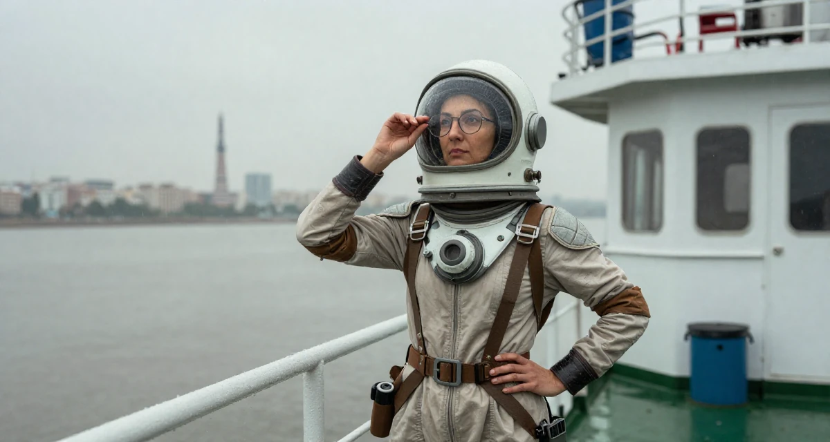 A resilient Female From Turkmenistan, studied industrial technology in their 30, standing tall with unshakeable dignity, wearing a retro sci-fi space girl outfit with a bubble helmet, pushing glasses up the nose in a ferry deck.