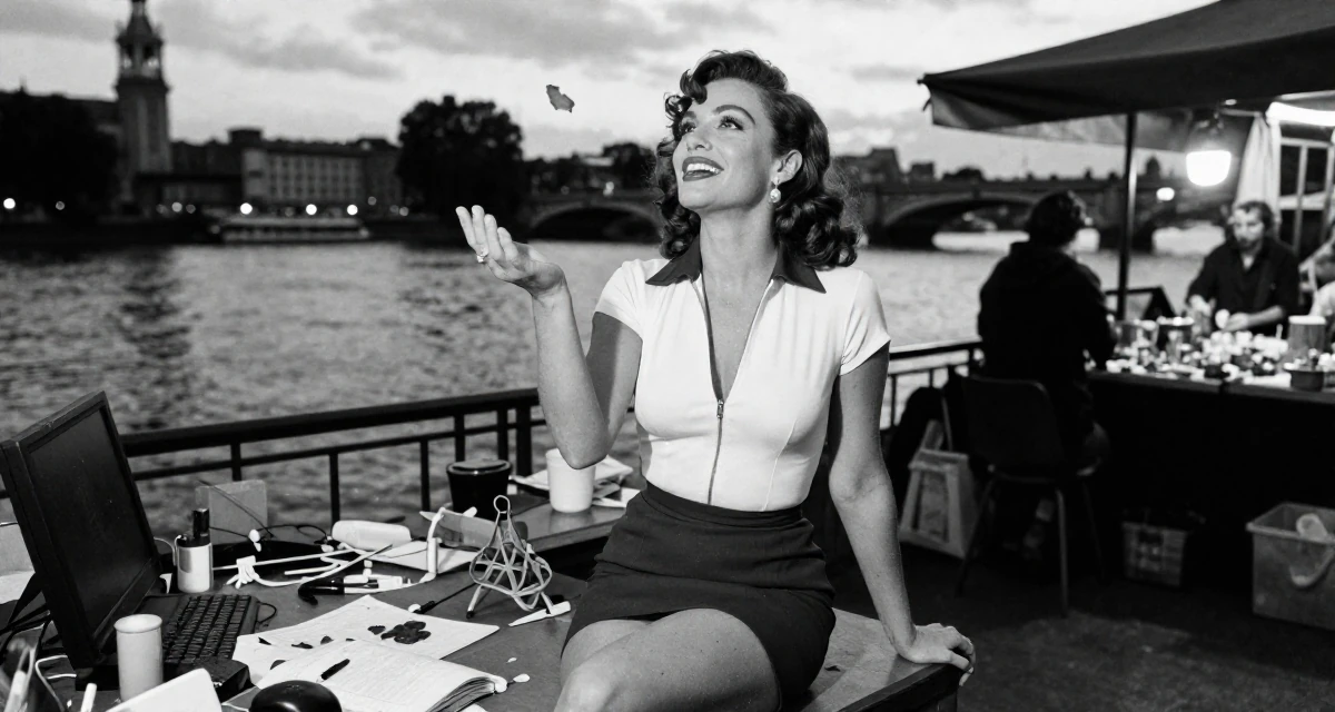 A glowing Female From Spain, majored in cultural management in their 41, rediscovering personal style after forty, wearing a race queen outfit with a zipper front and mini skirt, catching a falling flower petal in a messy desk.