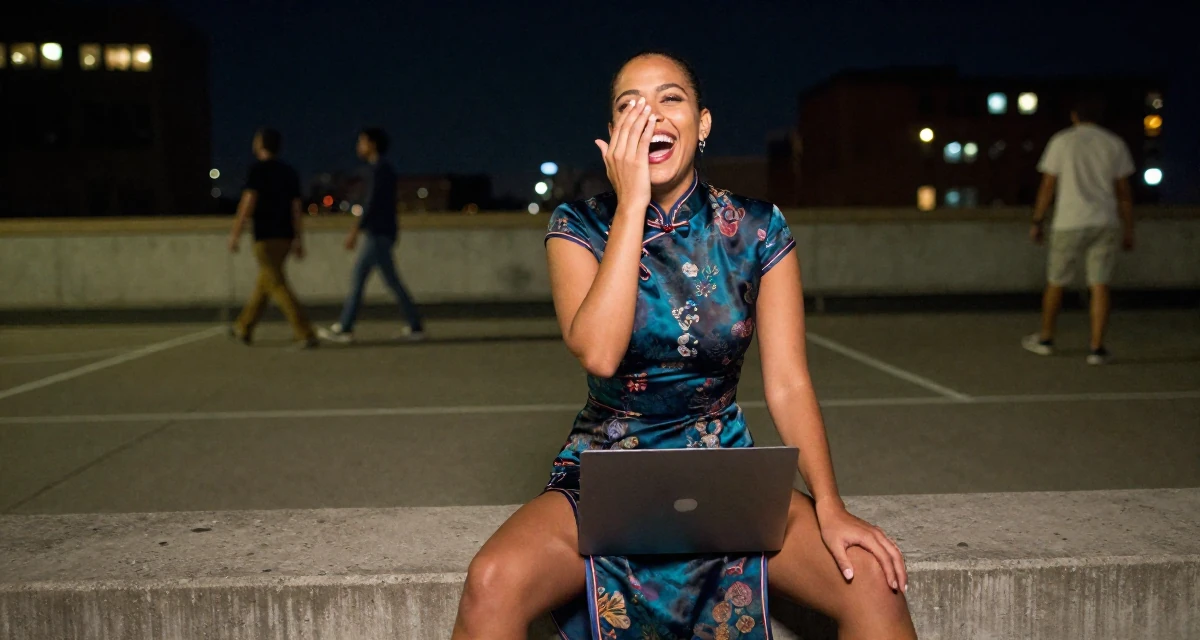A alluring Female From New York USA, studied film and television in their 25, exploring creativity online, wearing a Chinese qipao (cheongsam) modified with a high slit, covering a laugh with one hand in a basketball court.