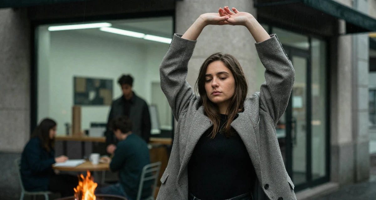 A mellow Female From Italy, studied graphic design in their 41, sharing the reality of raising high schoolers, wearing a oversized blazer draped over the shoulders, dusting off the shoulder in a rainy street corner.