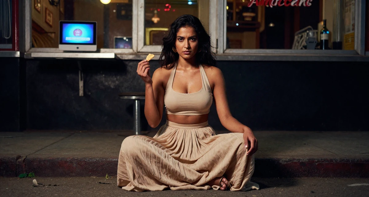 A seriously concentrated Female Born in Nepal, studied urban planning in their 23, discovering the allure of slow, controlled movement, wearing a halter neck crop top and a flowing maxi skirt, holding a snack in a urban street.
