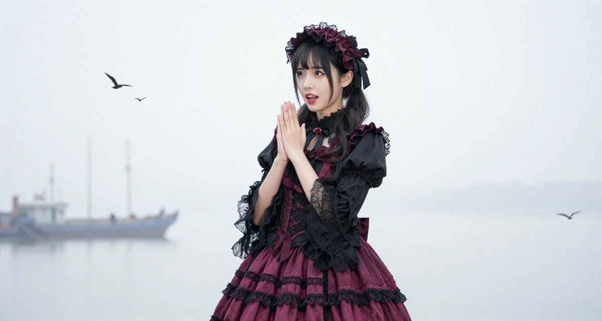 A vibrant and alive Female Once a sewing hobbyist, now designing outfits for her shoots in their 20, stressing over finals and future uncertainty, wearing a elaborate gothic lolita dress with frills and lace, rubbing hands together for warmth in a foggy harbor.