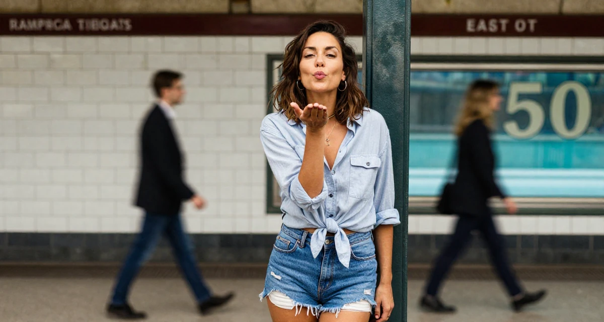 A rebellious Female From France, based in Lyon, graduated from an arts school majoring in fashion communication in their 49, looking forward to the freedom of 50, wearing a button-down shirt tied at the waist and denim cutoffs, blowing a kiss in a subway station.