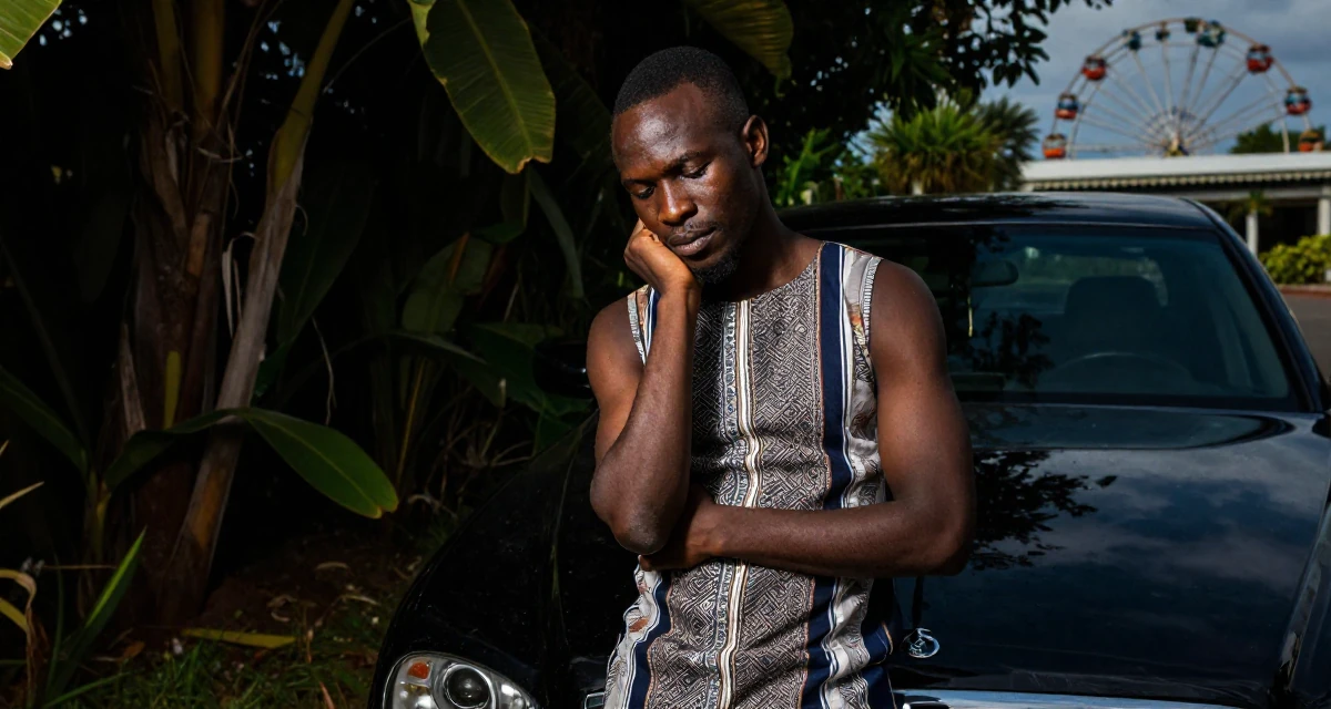 A serene male From Mombasa Kenya, studied hospitality in their 24, managing emotional highs and lows of early adulthood, wearing a sophisticated midi dress, adjusting a shoulder strap in a botanical garden.