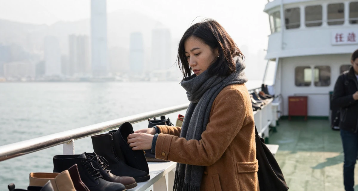 A distracted Female From Taiwan, studied visual communication design in their 25, saving up for the first major independent purchase, wearing a layered autumn coat and scarf, looking down at shoes in a ferry deck.