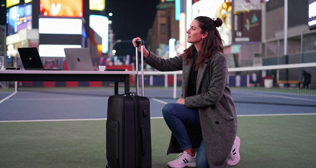 A relieved Female From Greece, studied philology in their 39, advocating for mental health awareness, wearing a tailored coat with casual sneakers, polling a luggage handle in a tennis court.