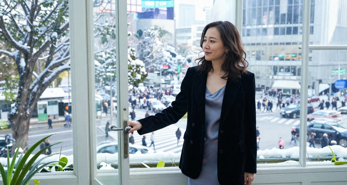 A gently amused Female From Chiang Mai Thailand, majored in creative writing in their 48, finding purpose beyond motherhood, wearing a velvet blazer and a silk slip dress, opening a door in a greenhouse interior.