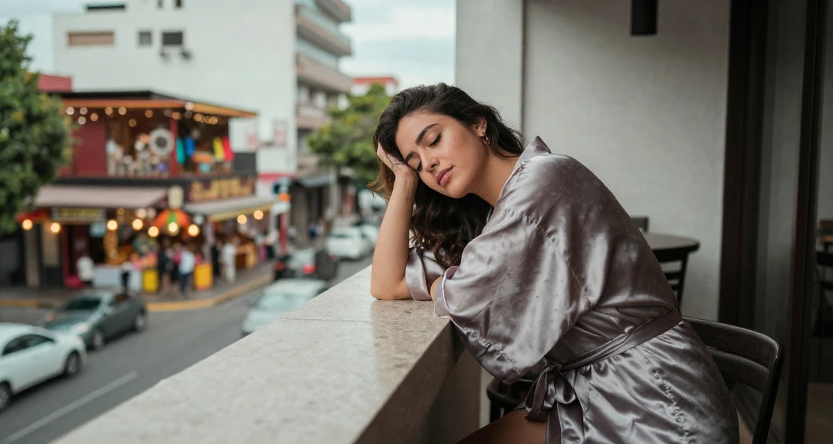 A sleepy Female From Guadalajara Mexico, majored in business analytics in their 23, building first professional networks, wearing a silky kimono robe worn open over loungewear, watching traffic pass by in a luxury penthouse balcony.