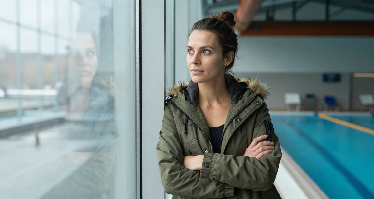 A charming Female From Rotterdam Netherlands, majored in logistics management in their 25, thinking about long-term investments, wearing a stylish parka jacket, crossing arms confidently in a swimming pool.