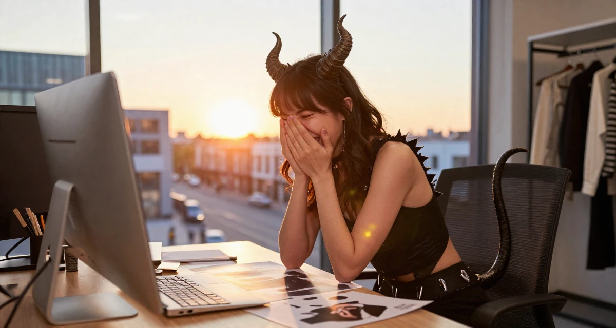 A bright and optimistic Female Former fashion retail worker, now curating premium outfit inspiration in their 20, stressing over finals and future uncertainty, wearing a demon girl outfit with horns and a spiked tail, covering a laugh with one hand in a office break room.