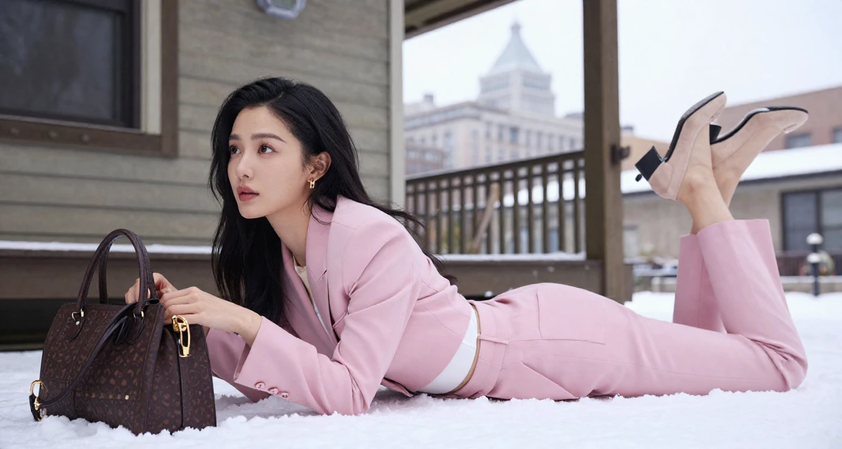 A dreamy Female From Chinese-speaking regions, studied petroleum economics in their 25, experimenting with niche themes to stand out, wearing a tailored pantsuit in pastel pink with a white top, reaching into a bag in a front porch.