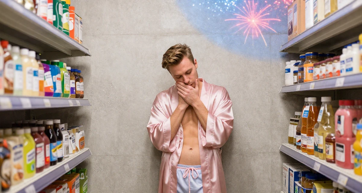 A lazy male From Poland, studied biotechnology in their 25, saving up for the first major independent purchase, wearing a silky kimono robe worn open over loungewear, shivering slightly in a supermarket aisle.