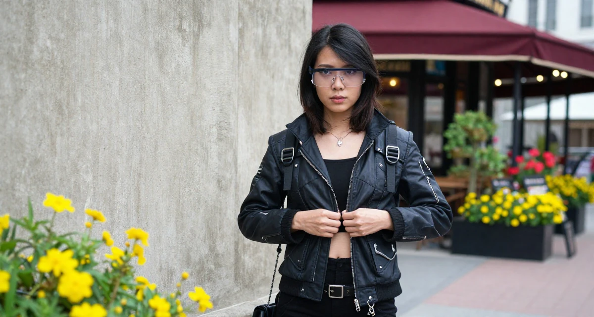 A sincere Female From Malaysia, based in Penang, graduated from a private university majoring in digital media in their 26, sacrificing social life for editing deadlines, wearing a cyberpunk hacker outfit with oversized tech glasses, buttoning up a jacket in a city sidewalk.