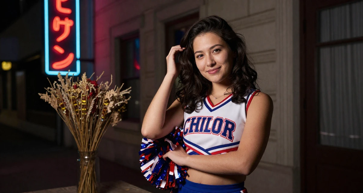 A quietly happy Female Once a junior accountant, now embracing creative independence in their 22, hit hard by the reality of entry-level wages, wearing a cheerleader uniform with a cropped top and pom-poms, retouching hair volume in a historic downtown.