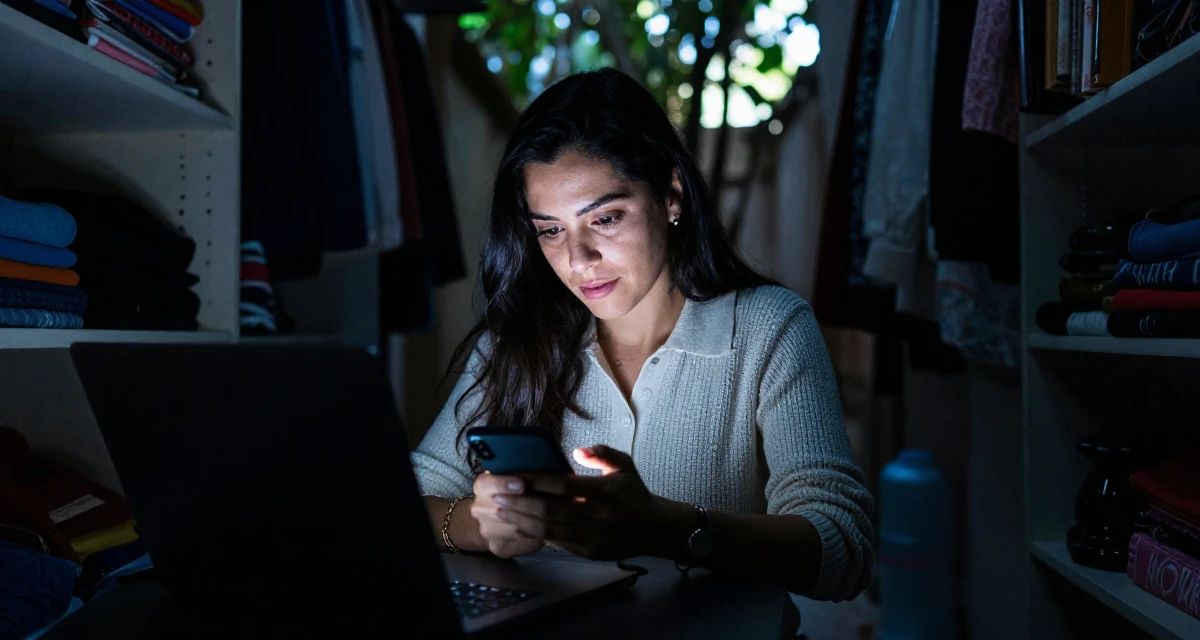 A glowing Female From Mexico, majored in global trade in their 41, sharing tips for staying relevant in tech, wearing a smart knit polo, texting with both thumbs in a walk-in closet.