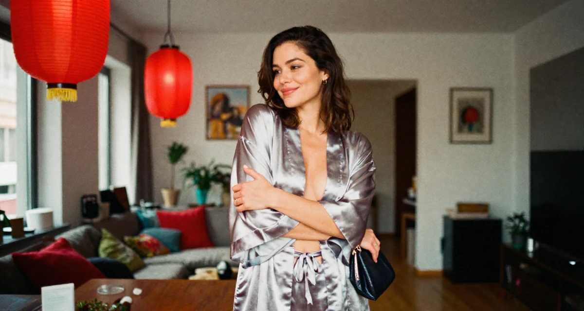 A satisfied Female From Switzerland, based in Zurich, graduated from a creative institute majoring in high-end glam production in their 39, creating a cozy and safe sanctuary at home, wearing a silky kimono robe worn open over loungewear, clutching a clutch bag in a fashion runway.