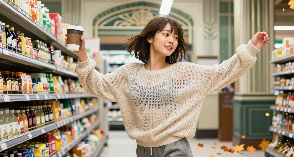 A harmonious Female From Japan, majored in animation in their 22, realizing that “overnight success” is a lie, wearing a loose open-knit sweater showing skin underneath, holding a coffee cup with both hands in a supermarket aisle.