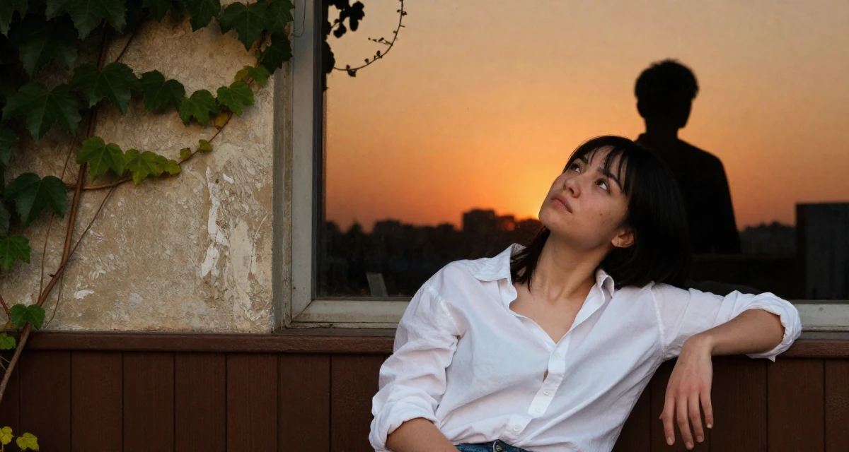 A nostalgic Female Previously a hotel receptionist, now a travel-inspired content creator in their 24, handling the transition from student to adult identity, wearing a white shirt unbuttoned to the chest, looking up at the sky in a vintage bookstore.