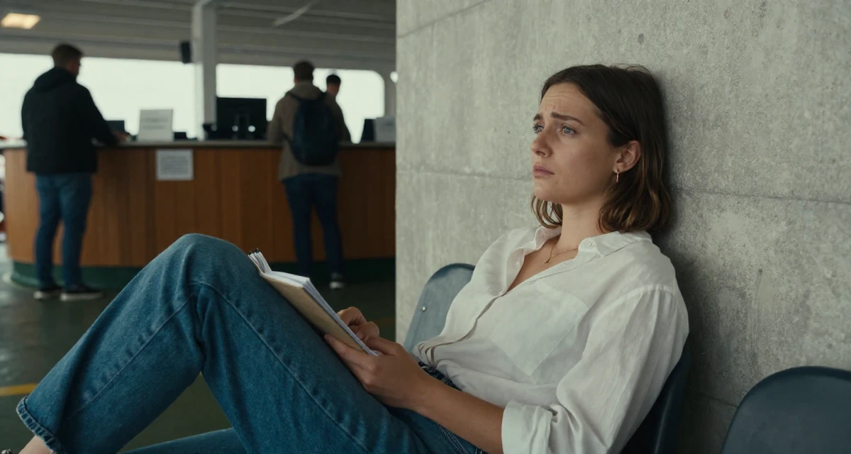 A fragile Female From Netherlands, studied digital media and interaction design in their 23, regretting creative decisions but needing to post anyway, wearing a effortless white blouse and jeans, holding a notebook in a ferry deck.