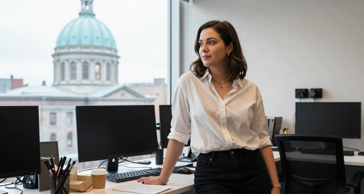 A serene Female From Montreal Canada, holds a degree in French literature in their 25, building a loyal fanbase with tasteful flirty storytelling, wearing a minimalist Scandinavian style, glancing sideways in a office break room.