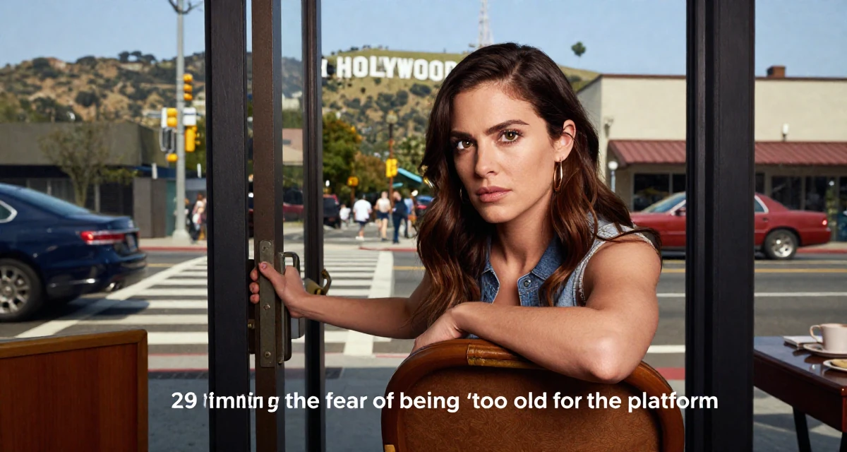A resolute Female From USA, studied psychology and human behavior in their 29, fighting the fear of being “too old for the platform”, wearing a casual weekend brunch outfit, pushing a door open in a busy crosswalk.
