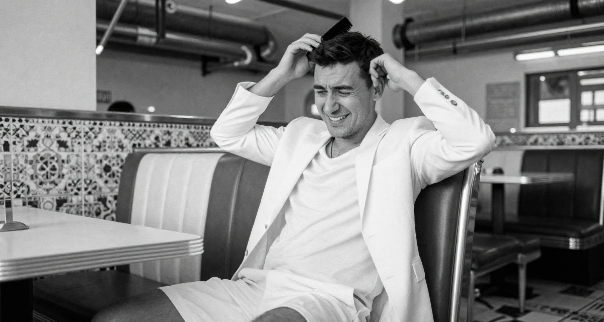 A relaxed and happy male From Kyrgyzstan, majored in public health in their 21, feeling the anxiety of impending graduation, wearing a white blazer and matching white shorts, brushing hair back in a retro 50s diner.