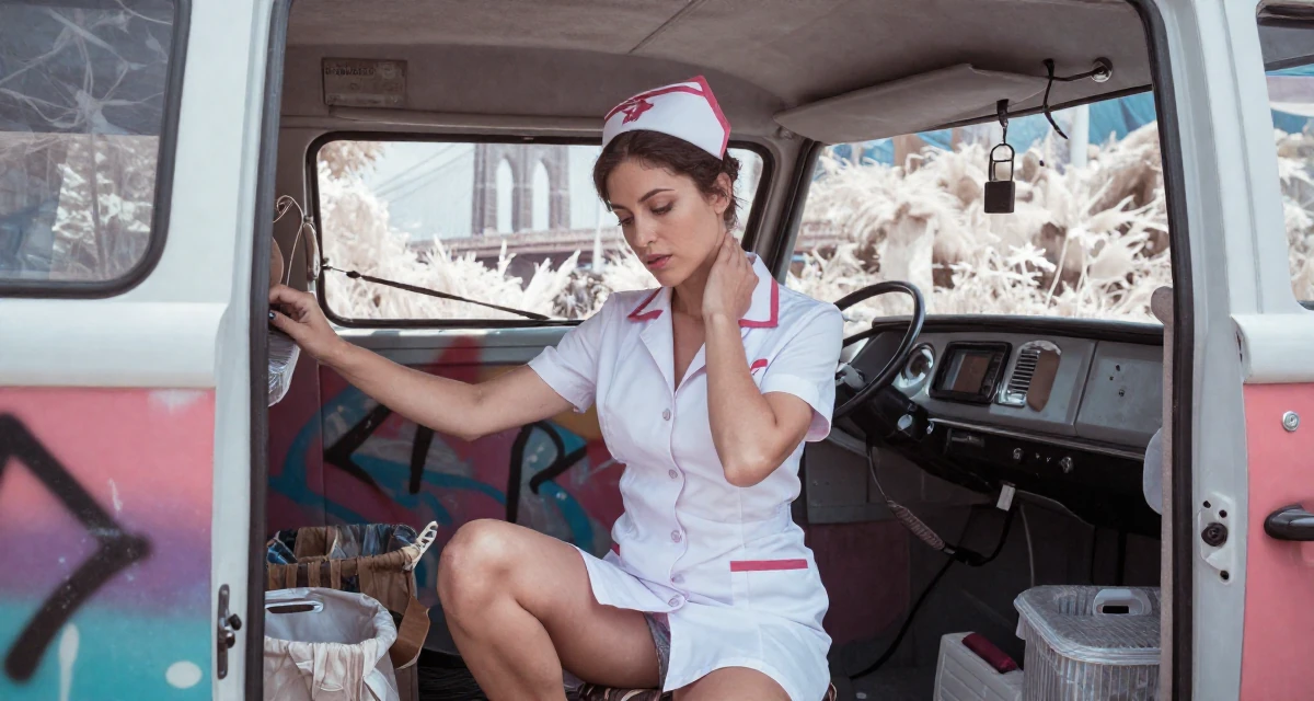 A focused Female From Madrid Spain, studied sensual dance and camera presence in their 35, renovating a vintage van for travel, wearing a nurse cosplay uniform with a stylized cap, massaging the neck in a walk-in wardrobe.