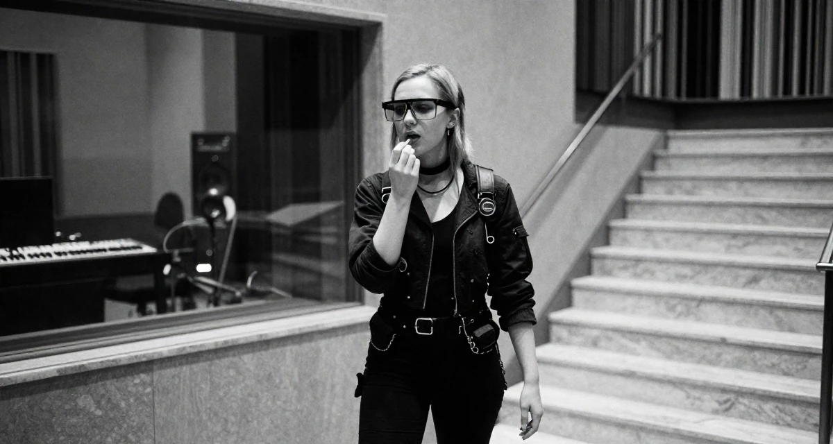 A bashful Female From Finland, based in Espoo, graduated from a design institute majoring in atmospheric lighting arts in their 23, learning to rebuild after severe drops in engagement, wearing a cyberpunk hacker outfit with oversized tech glasses, applying lipstick in a music recording studio.