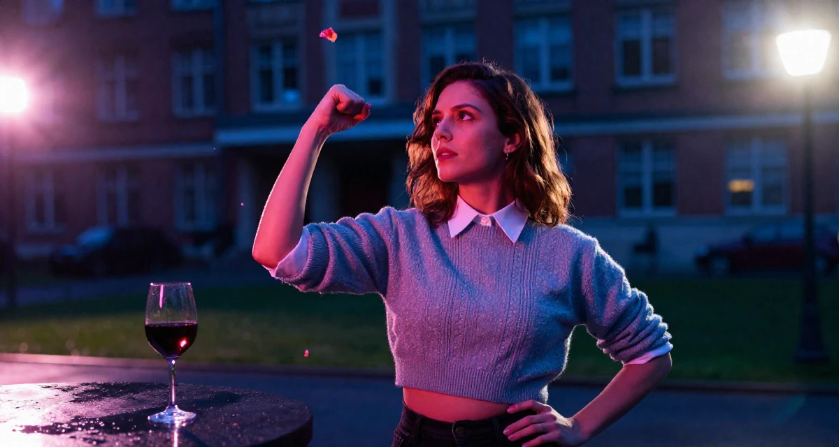 A zoned out Female From France, studied fashion design in their 31, feeling the biological clock or societal pressure, wearing a cropped sweater over a collared shirt, catching a falling flower petal in a university campus.