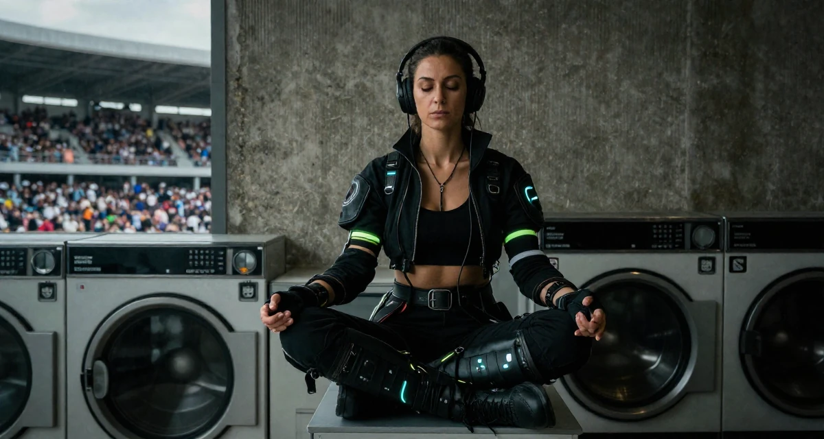 A placid Female From Portugal, majored in digital storytelling in their 45, focusing on mental clarity and meditation, wearing a cyberpunk street samurai gear with neon accents, listening to music with headphones in a laundromat.