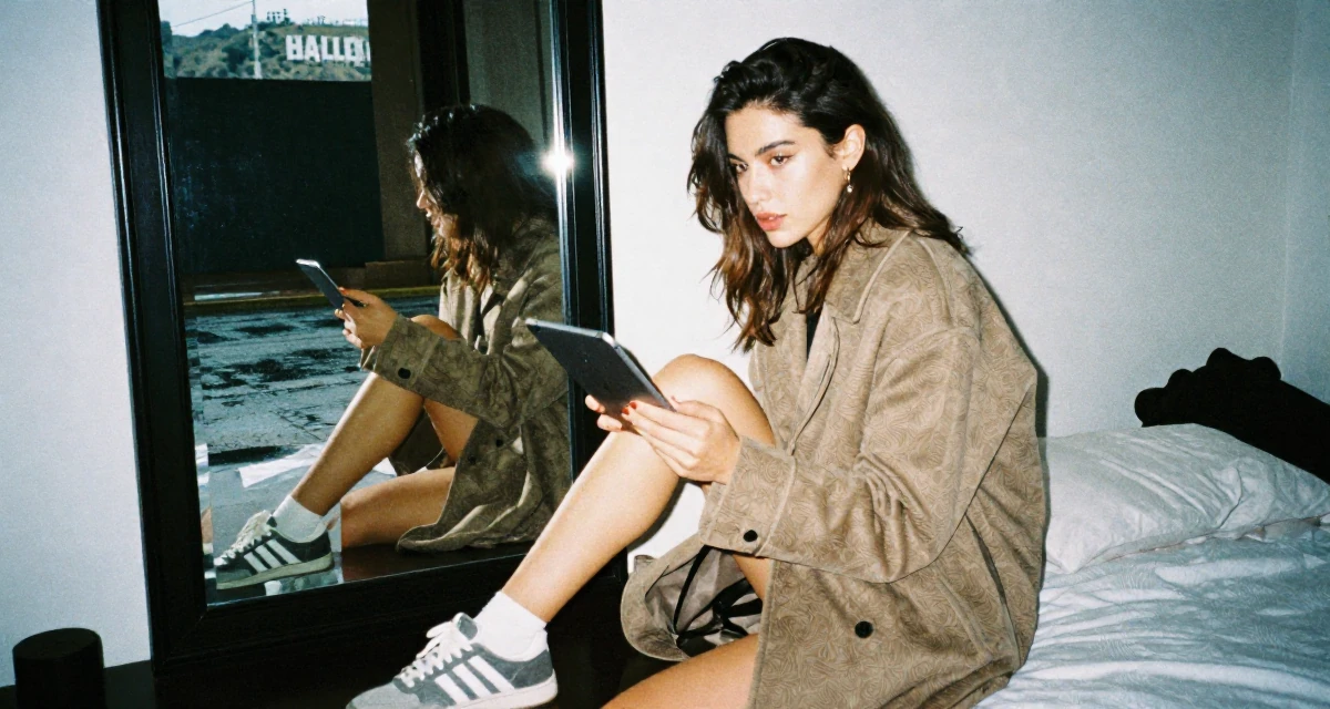 A sensual Female From Istanbul Türkiye, studied interior design in their 22, determined to prove their worth quickly, wearing a tailored coat with casual sneakers, holding a tablet device in a vanity mirror.