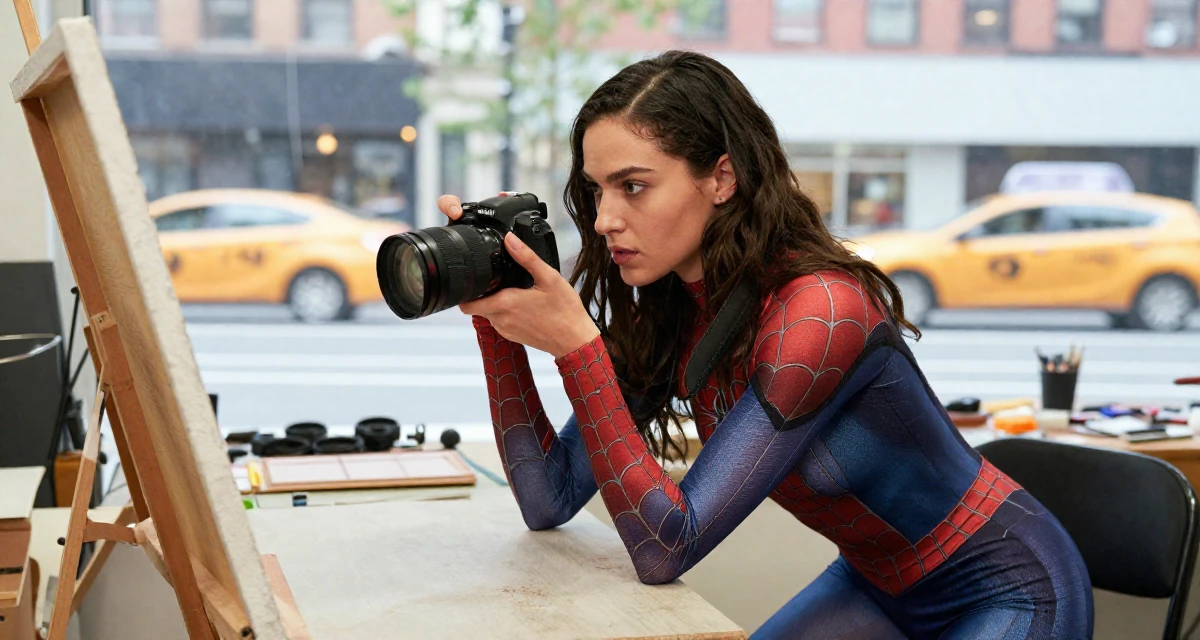 A dignified Female Former model agency assistant, now running her own creator portfolio in their 20, looking for their tribe in a new city, wearing a spider-themed villainess suit, holding a camera ready to shoot in a artist workshop.