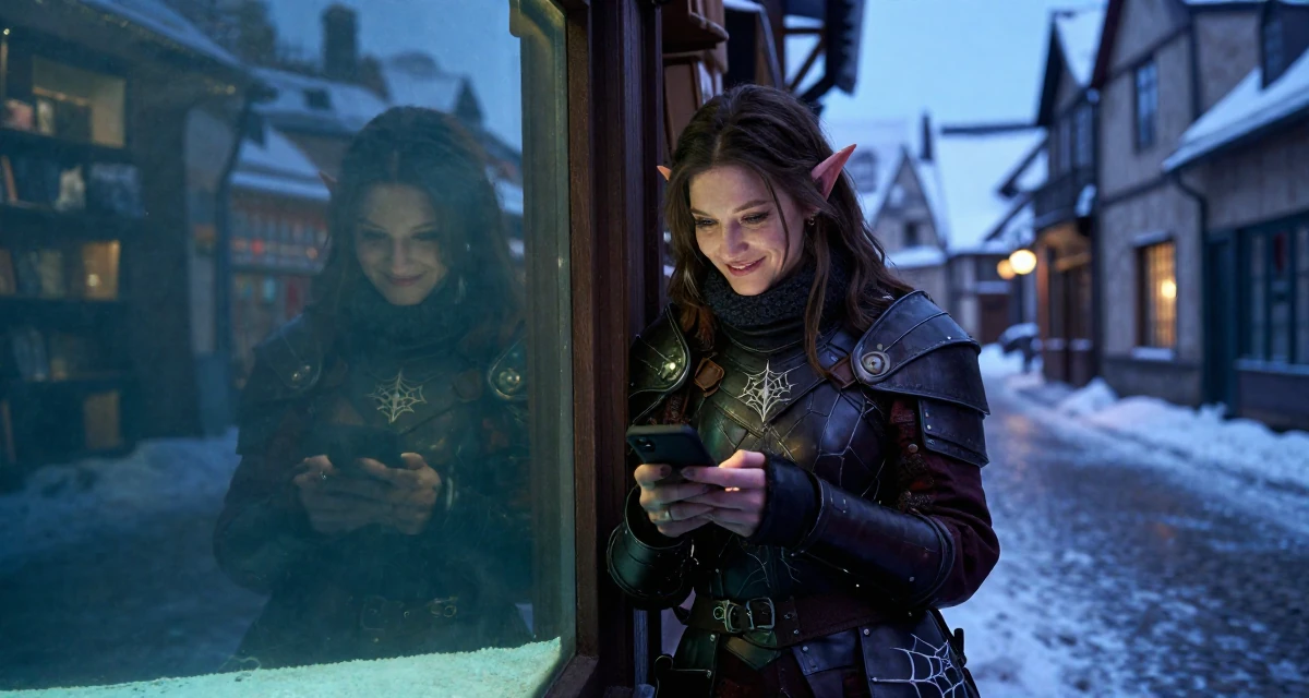 A smirking Female Once a bookstore clerk, now offering cozy aesthetic subscription content in their 27, feeling more comfortable in their own skin, wearing a dark elf leather armor with spiderweb motifs, checking a phone in a aquarium tunnel.