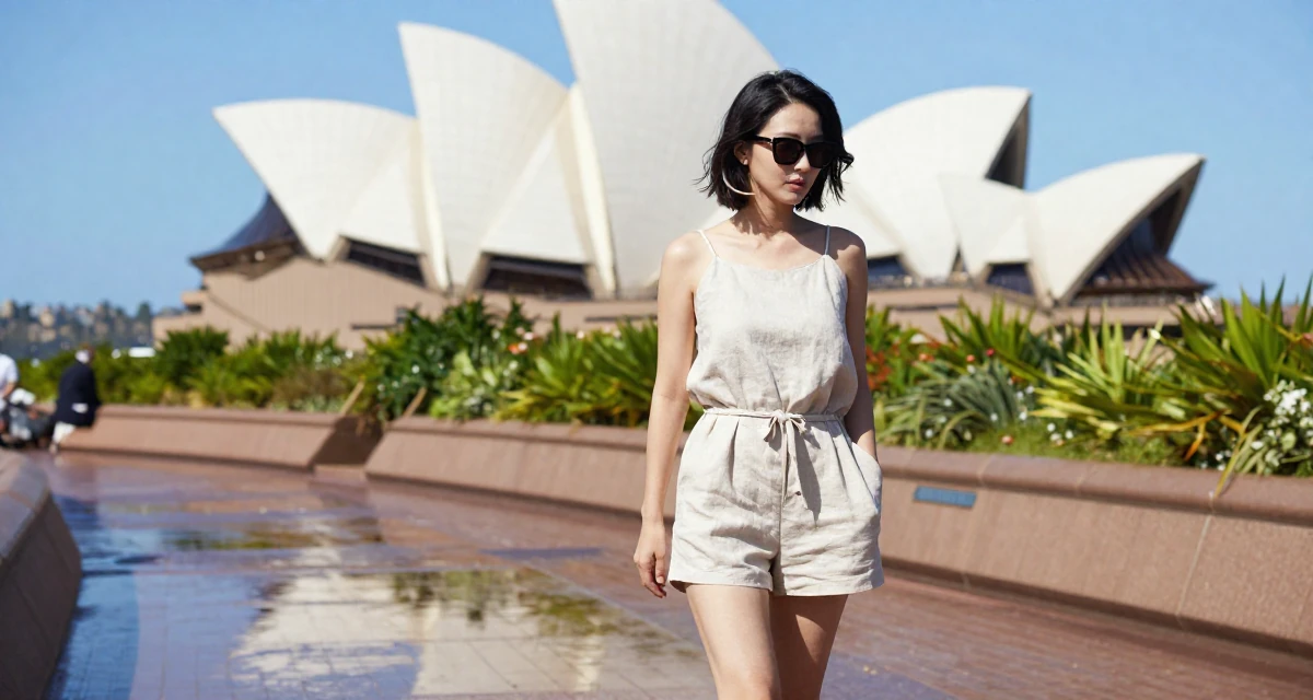 A thoughtful Female From South Korea, based in Jeju, graduated from a fashion school majoring in body language aesthetics in their 31, navigating the balance between career and new motherhood, wearing a short romper made of soft linen fabric, lowering sunglasses to look out in a botanical garden.