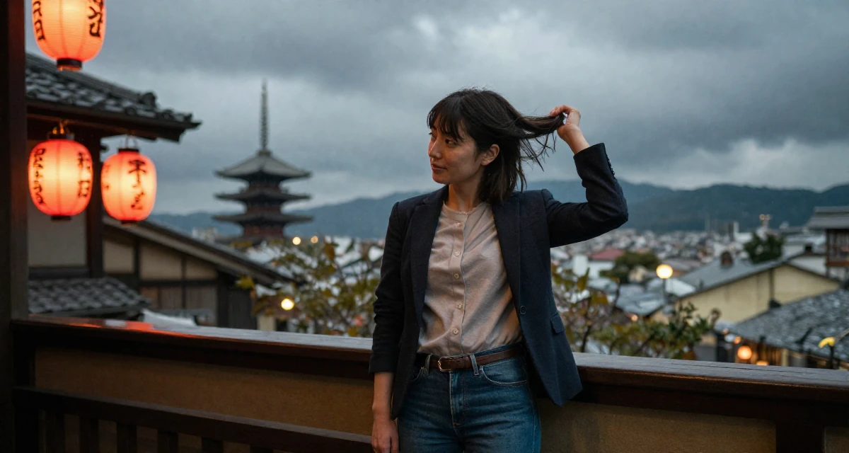 A compassionate Female From Kyoto Japan, practiced artistic nude photography as self-expression in their 25, learning resilience through financial instability, wearing a business casual outfit with jeans and a blazer, twirling a lock of hair in a opera house balcony.