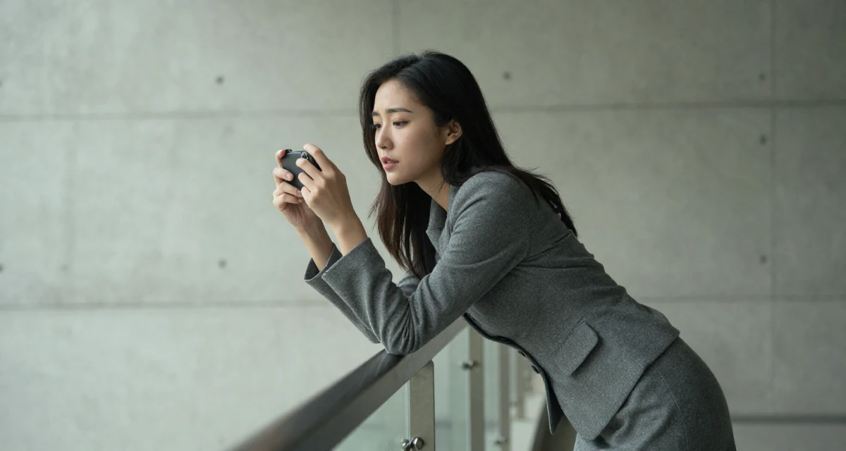 A emotional Female From Wuhan China, studied marketing and communications in their 22, realizing that “overnight success” is a lie, wearing a grey wool skirt suit with a fitted jacket, taking a photo in a waiting room.
