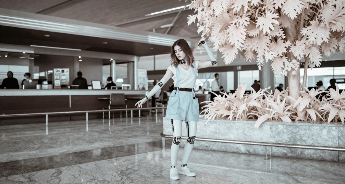 A timid Female From Mexico City Mexico, studied graphic communication in their 23, fighting algorithm despair while submitting homework, wearing a cybernetic doll outfit with porcelain-like skin textures, looking for something in a pocket in a airport departure lounge.
