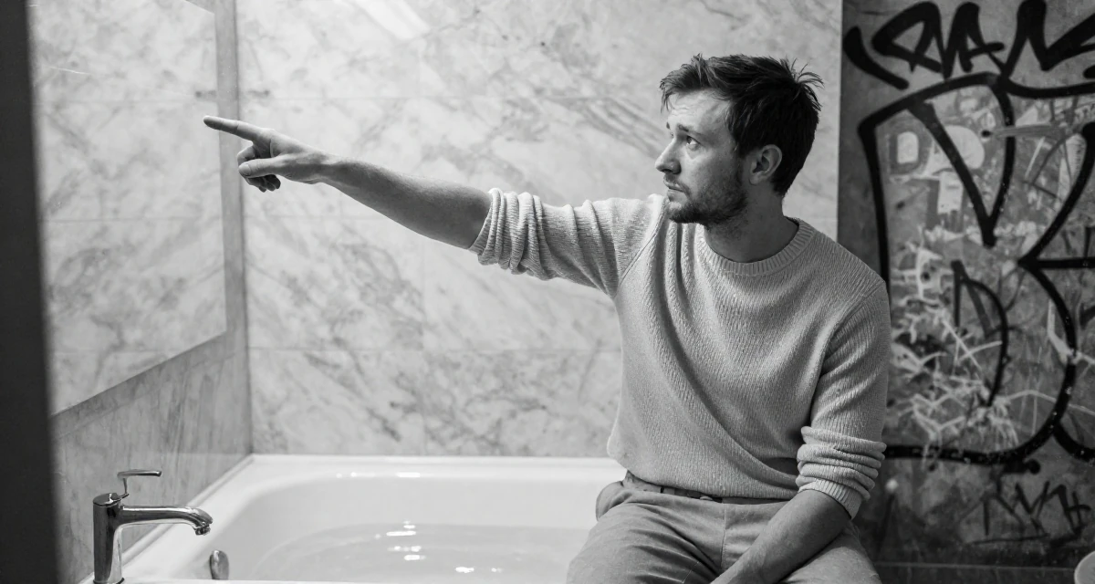 A wistful male From Estonia, based in Tartu, graduated from a state university majoring in digital culture in their 28, understanding that burnout is part of the cycle, wearing a monochromatic beige outfit with a knit top and trousers, brushing off dust in a marble bathroom with a tub.