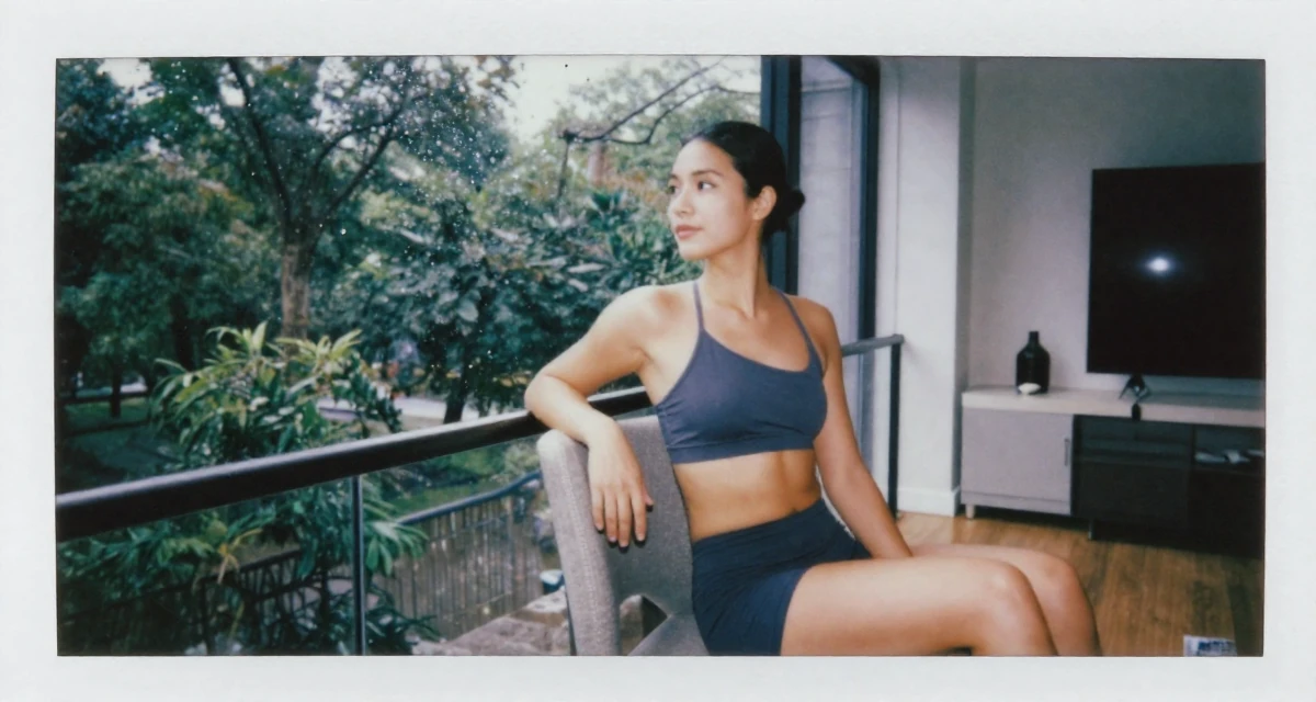 A tranquil male Former nurse in her late 20s, now building a wellness-focused creator brand in their 37, focused on building generational wealth, wearing a strappy gym top and compression shorts, grabbing a railing for support in a modern apartment living room.