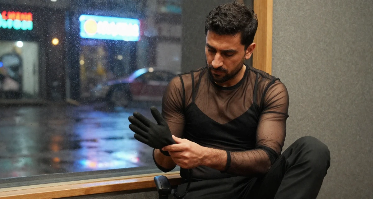 A determined male From Afghanistan, majored in agricultural science in their 29, navigating the fear of stagnation in a saturated market, wearing a sheer mesh top layered over a black bralette, removing a glove in a recording booth.