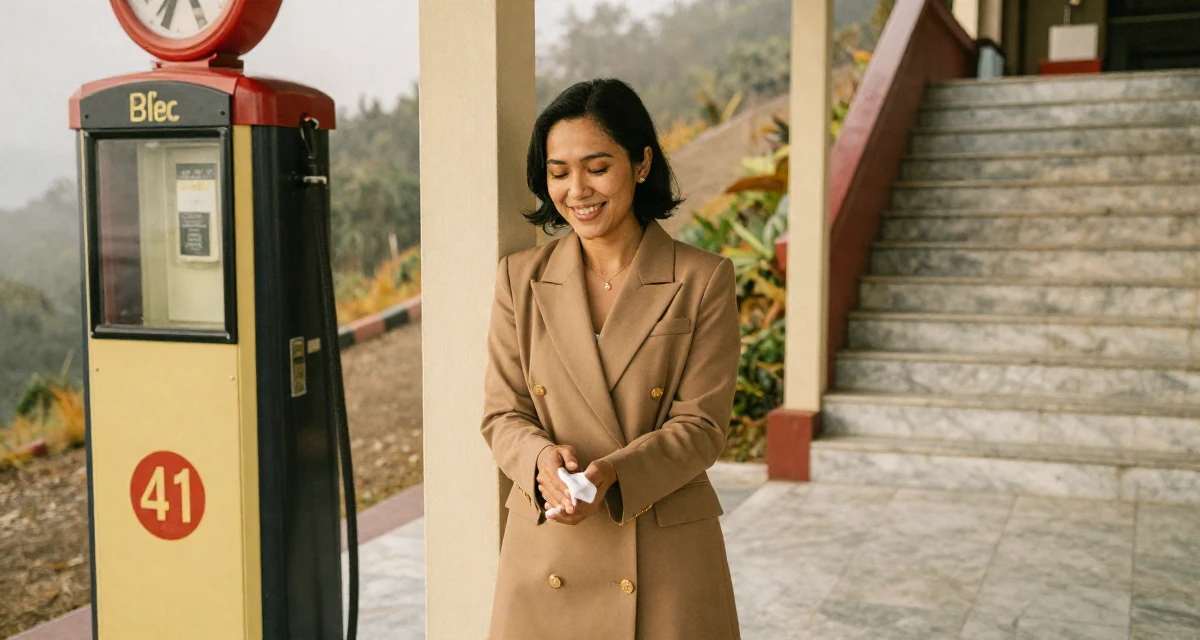 A hopeful Female From Indonesia, majored in visual communication in their 41, finding joy in volunteering and community, wearing a double-breasted blazer dress with gold buttons, wiping hands in a mountain trail.