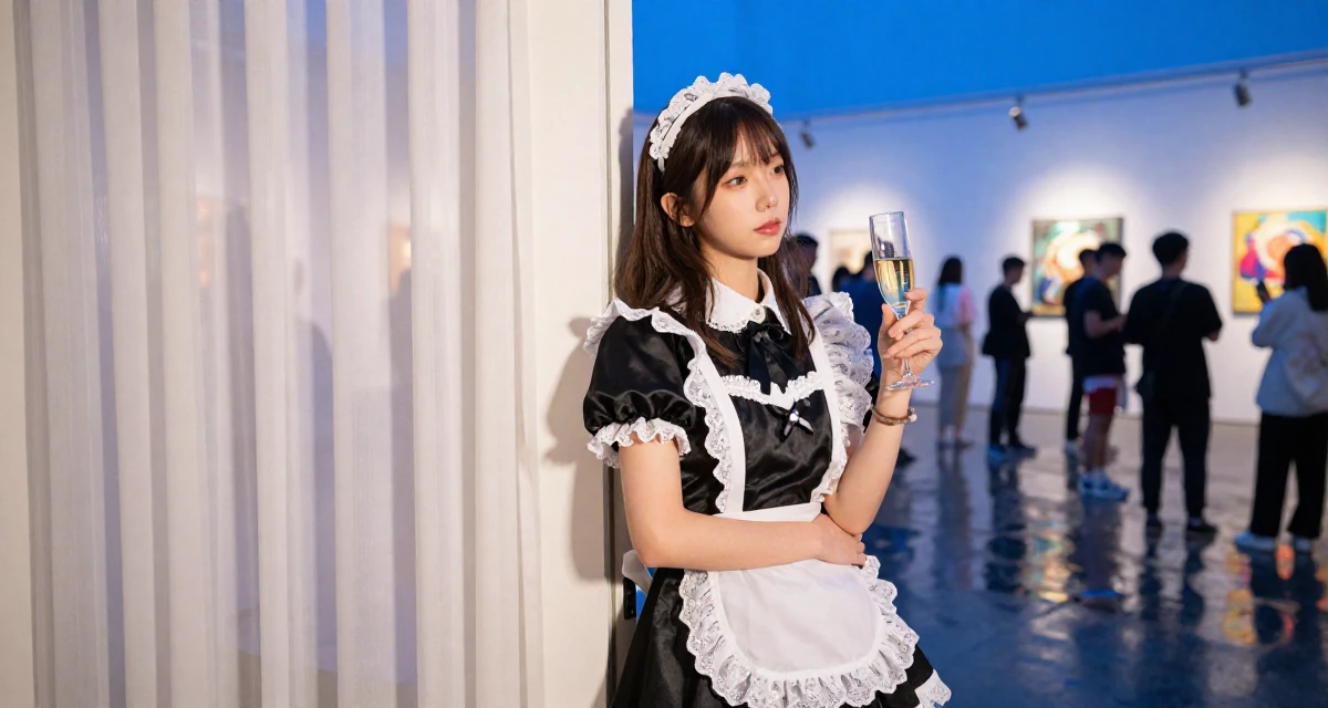 A contemplative Female From Nanjing China, picked up videography working backstage at events in their 22, dealing with inconsistent motivation, wearing a french maid costume with black silk and white lace, holding a champagne glass in a art gallery.